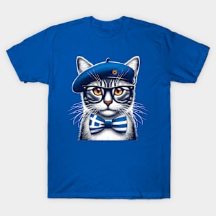 Cat With Greece Flag Bowtie T-Shirt